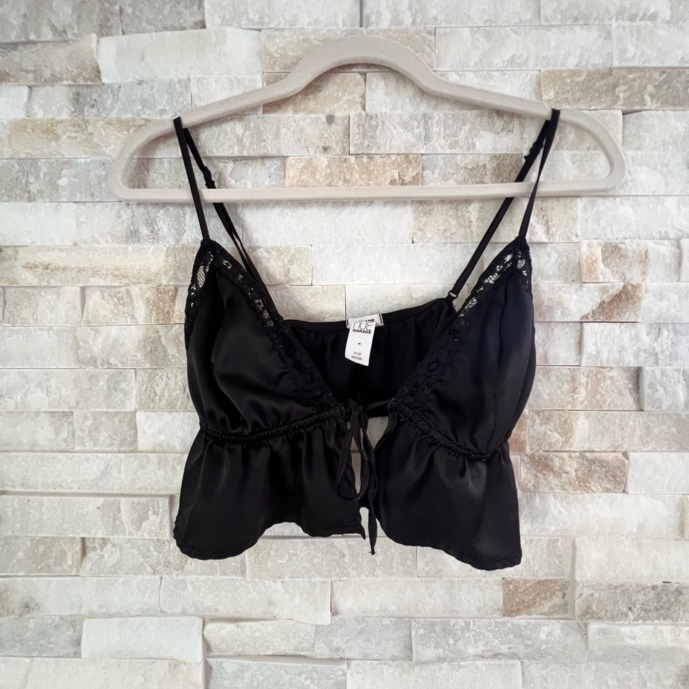 Garage Black Satin Cami  Front Tie with Lace